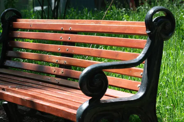 Canlı yeşillikler içine yerleştirilmiş iyi işlenmiş ahşap bir bank huzurlu anları teşvik eder..