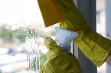 Sarı eldivenli eller pencereyi temizler, dışarısı aydınlık görünür..