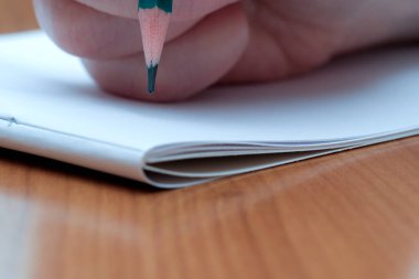 Bir el, boş bir sayfanın üzerinde, yaratıcılığa hazır bir deniz mavisi kalem tutar..