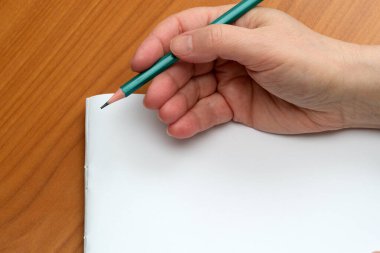 Bir el, yaratıcılığa hazır, boş bir kağıdın üzerine nazikçe yerleştirilmiş bir kalem tutar..