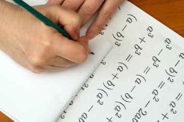 Eller, ahşap bir masadaki not defterinde matematiksel denklemleri dikkatlice çözer..