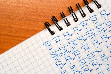 Ayrıntılı hesaplamalar sıcak ahşap üzerinde sarmal bir defterin sayfalarını doldurur.