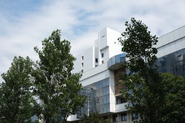 Modern binalar canlı ağaçların üzerinde, Kyiv 'in şehir manzarasını ve cazibesini gözler önüne seriyor..