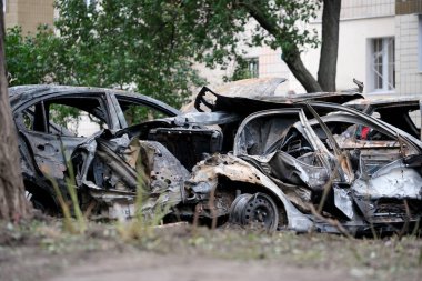 Yanmış araba kalıntıları ıssız bir şehirde ihmalkarlığı vurguluyor..