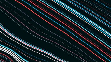 Kırmızı, mavi ve beyaz renkli canlı çizgiler siyah bir arkaplanda kıvrılarak derinlik yaratıyor..