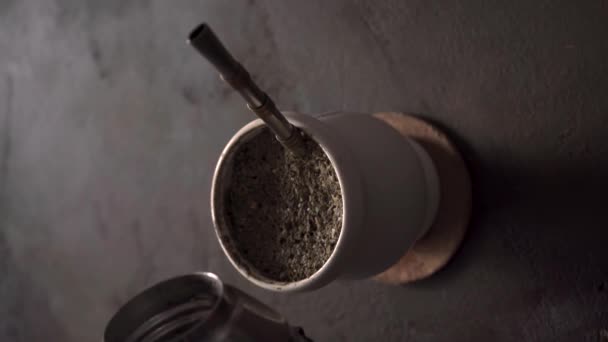 Yerba Mate Drink Pouring Water Yerba Mate Drink Vertical View — Stock Video