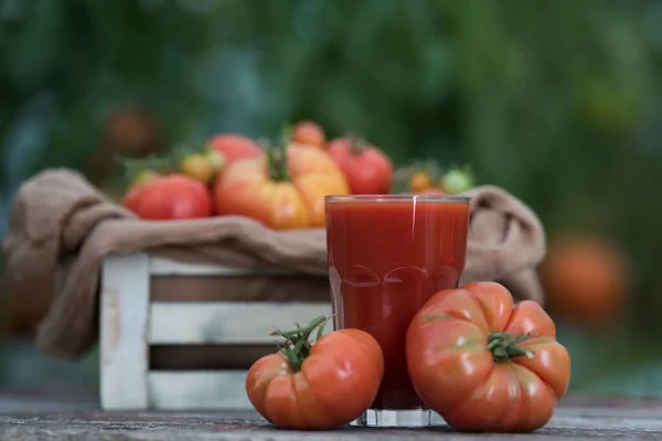 新鲜番茄汁 木制底座 — 图库照片