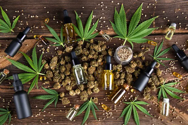 Hampa Cannabis Olja Och Hampa Produkter Ett Träbord Med Trä Royaltyfria Stockbilder