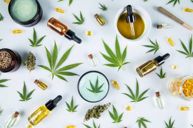 Beyaz arka planda cbd yağı, kenevir tohumu, yağ ve kenevir yaprakları. Kenevir ürünleri, esrar, marihuana yaprakları, üst görünüm, düz yatak