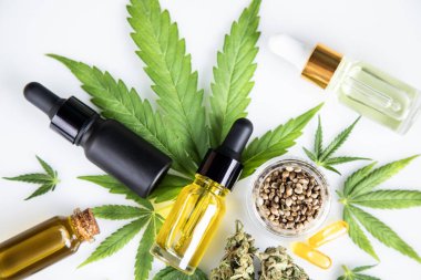 Şişedeki esrar yağı, kenevir yapraklı taze yapraklar, marihuana, esrar, kenevir yağı, cbd ürünleri, kenevir yağı, beyaz arka plan, üst