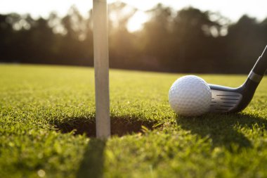 Yeşil arka planda golf topu ve golf ekipmanlarını kapatın.