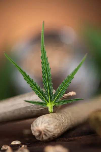 Folha Cannabis Cânhamo Uma Tábua Madeira — Fotografia de Stock