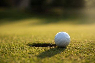 Yeşil çimlerin üzerinde golf topu, golf sopası