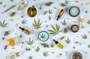 Cbd yağı, esrar ürünleri, marihuana, düz döşeme, üst görünüm