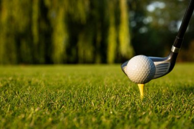 Golf sahasında yeşil çimlerin üzerinde golf topu. golf sopası