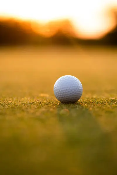 Golf Ball Green Grass Sunset Background — Stock Photo, Image