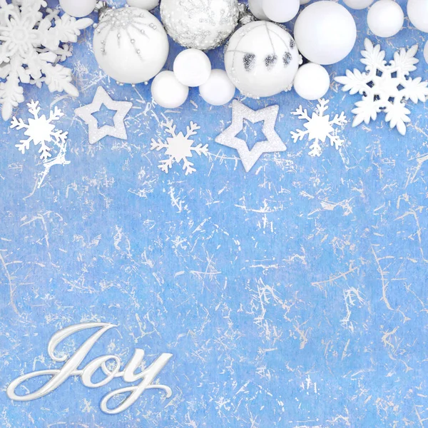 Segno Gioia Natale Con Fiocchi Neve Decorazioni Albero Glassato Sfondo — Foto Stock