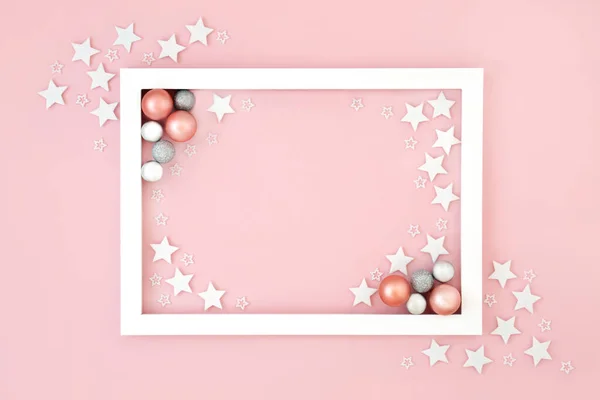 Christmas Pink Background Border White Stars Tree Decorations Abstract Festive — Stock Photo, Image