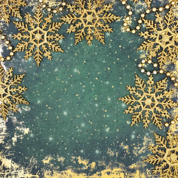 Різдвяний Золотий Блиск Сніжинки Гранжевому Зеленому Фоні Ігристі Дерев Яні — стокове фото