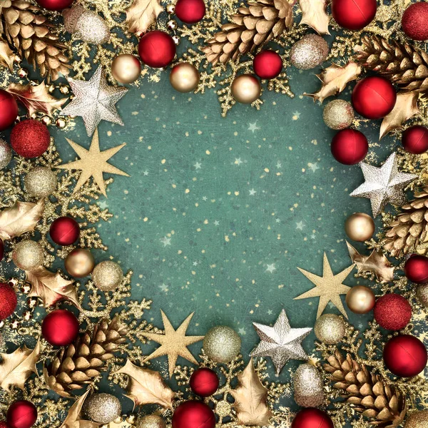 Weihnachten Abstrakt Gold Und Rote Baumkugeln Dekorationen Hintergrund Rand Auf — Stockfoto