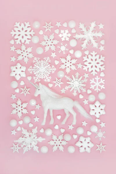 Festive Magico Mitico Unicorno Fantasia Sfondo Natale Con Fiocco Neve — Foto Stock