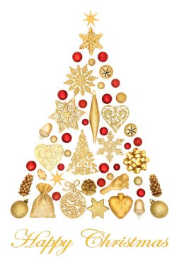 Altın ve kırmızı süslemeli ve beyaz arka planda süslemeli mutlu noel ağacı süslemeleri. Noel bayramı için soyut Xmas sembolü.