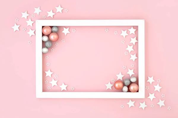 Christmas New Year Festive Background Pastel Pink Snowflakes Bauble Tree — Stock Photo, Image