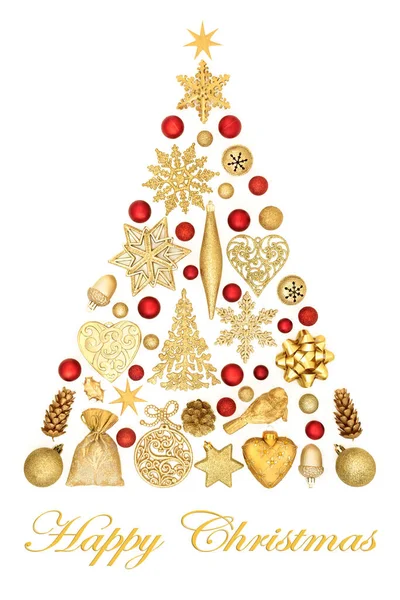 Altın Kırmızı Süslemeli Beyaz Arka Planda Süslemeli Mutlu Noel Ağacı — Stok fotoğraf