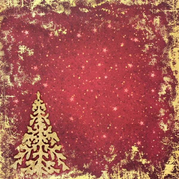 Decorazione Glitter Albero Natale Sfondo Rosso Oro Grunge Composizione Frizzante — Foto Stock