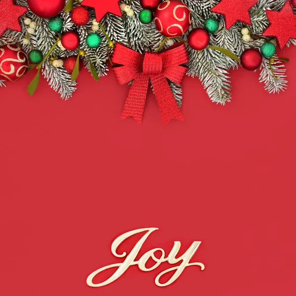 Xmas Joy Sign Happy Christmas Concept Tree Bauble Decorations Bow — Stock Photo, Image