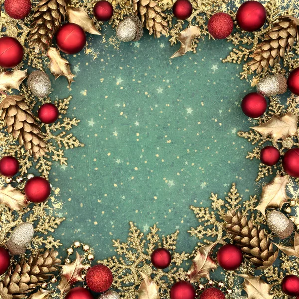 Boże Narodzenie Czerwony Złoty Płatek Śniegu Dekoracje Drzew Tło Granicy — Zdjęcie stockowe