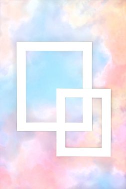 Gökkuşağı bulutu arka planı çift beyaz çerçeve tasarımıyla. Yaratıcı minimal pastel renkli sınır, LGBT gay gurur temalı doğa konsepti.