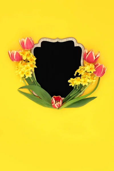 Easter tulip and narcissus flower abstract background border on yellow background. Spring and Mothers Day floral minimal nature arrangement. Flat lay, copy space.