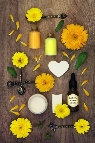 Calendula flowers for natural plant based healing skincare flower remedies. Preparation for cosmetic treatments for treating wounds, psoriasis, eczema, preventing acne and stimulating collagen.