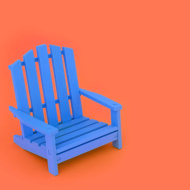 Time for a break with modern blue wooden chair on orange background. Minimal contemporary stylish furniture colour contrast concept. Copy space.