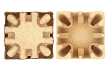 Cardboard box square insert and reverse carton. Protection for delivery package, parcel or container. Recycled reusable material, environmentally friendly concept, sustainable resources. On white.  