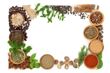 Nervine herb and health food background frame. Ingredients used as a nerve tonic to support the nervous system. Healthy natural adaptogen alternative health care. On white.