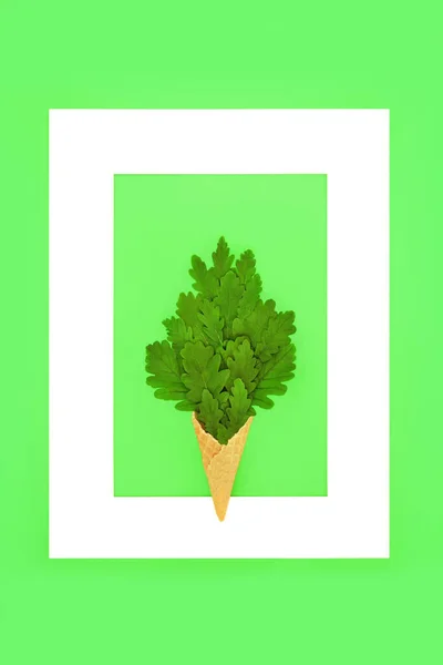 Eiche Blatt Surreale Eis Waffel Kegel Hintergrundkomposition Green Minimal Umweltfreundlich — Stockfoto