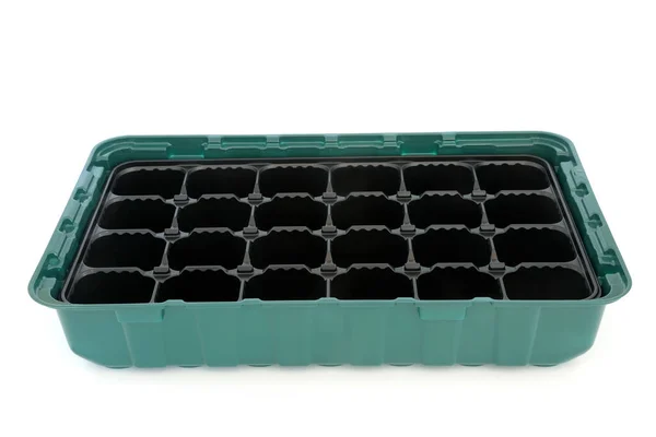 种子盘模块 用于播撒在白色背景上隔离的种子 绿色和黑色园艺设备使用环保再生塑料 因白人背景而被隔离 — 图库照片