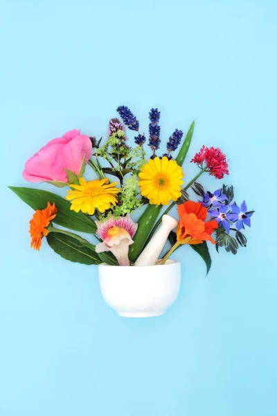 Flores Flores Silvestres Ervas Design Abstrato Com Argamassa Pilão Flora — Fotografia de Stock