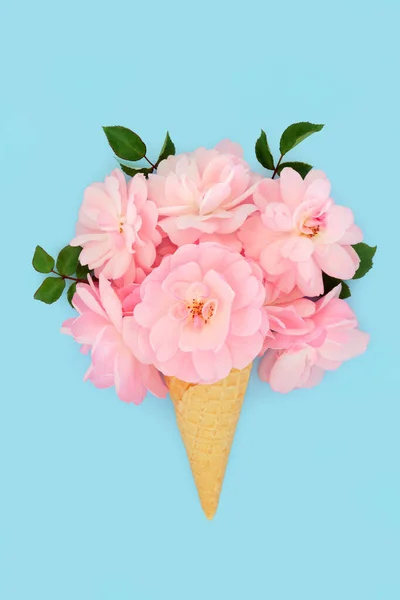 Surreal Pink Rose Flower Ice Cream Cone Minimal Abstract Summer — Stock Photo, Image