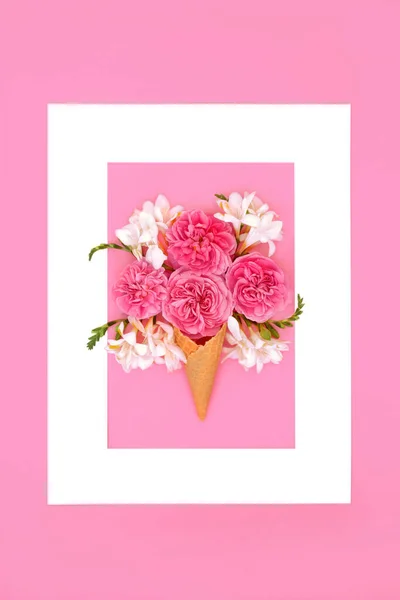 Surreal Rose Freesia Flower Ice Cream Cone Composition Creative Nature — Stock Photo, Image