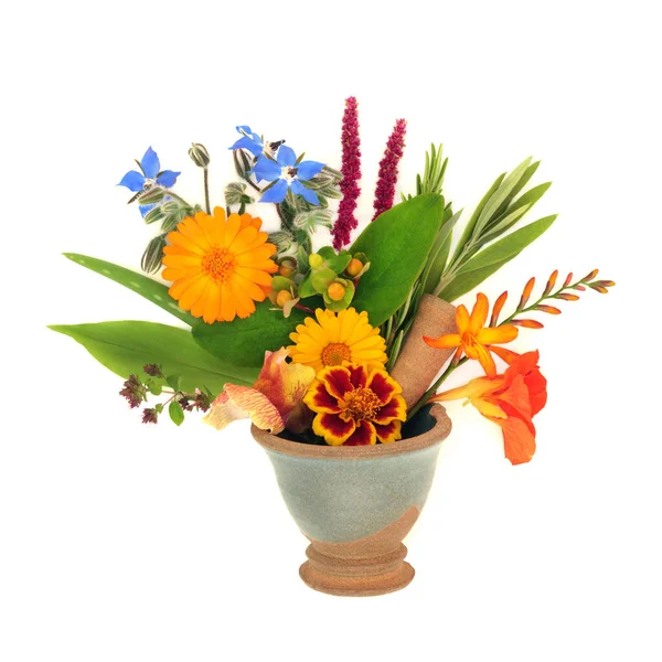 Summer Flowers Wildflowers Herbs Used Natural Herbal Plant Medicine Mortar — Stock Photo, Image