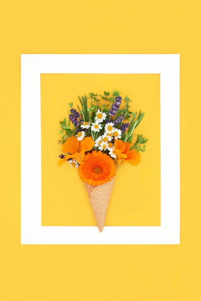 Abstraktní Surrealistické Letní Jedlé Květiny Čerstvé Bylinky Zmrzlinovém Vaflovacím Kuželu — Stock fotografie
