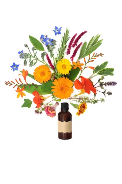 超现实的夏花 野花和草本植物 用药瓶浸渍抽象而成 用于芳香疗法精油和天然草本植物药物的植物 用白食治疗食用食物的概念 — 图库照片