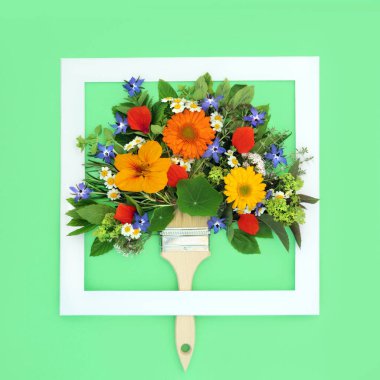 Surreal tree concept shape of summer flowers herbs and wildflowers. Used in herbal plant medicine, seasoning, flower remedies and food decoration. Minimal abstract design on green with white frame. clipart