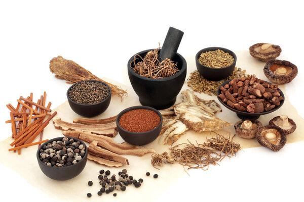 Китайские травяные растительные препараты на основе медицины с травами и специями коллекции. Альтернативная целостная традиционная терапевтическая концепция естественного здравоохранения. 