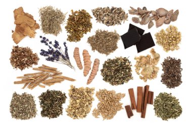 Sinir sistemini sakinleştirmek için sağlıklı sinir gazı yemek koleksiyonu. Stresi azaltmak için alternatif sağlık hizmetleri için doğal bitkisel ilaç. Beyaz arka planda, düz yatıyordu.