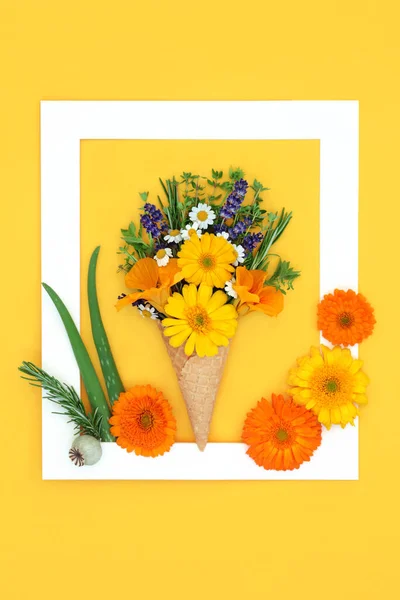 食用夏の花や新鮮なハーブと本物のアイスクリームワッフルコーン 抽象的な白枠の創造的な最小限の自然食品コンセプト 明るい黄色の上にフラットレイアウト — ストック写真