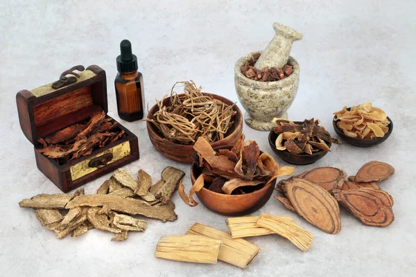 中国古代药物 以植物为基础的草药和香料的自然愈合 卫生保健的替代概念 灰蒙蒙的背景 — 图库照片